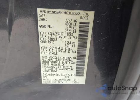 2011 Nissan Pathfinder Sv z USA, uszkodzony, nr VIN 5N1AR1NN5BC617539